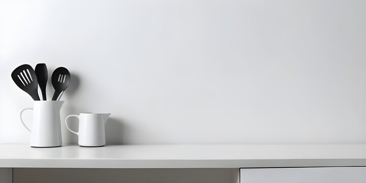 Front view of a modern white kitchen countertop with culinary utensils and space for text.