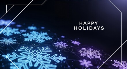 Digital snowflakes glowing in blue and purple with network connections, wishing happy holidays on a dark background.
