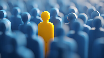Minimalist conceptual art of individuality with a single yellow figure standing out among blue figures