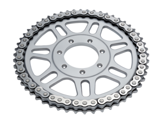 Silver motorcycle sprocket with chain isolated on transparent background