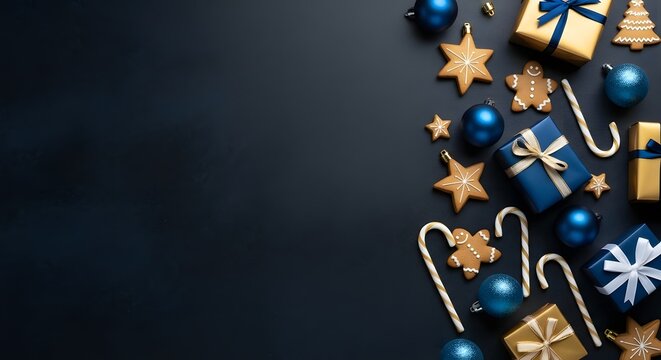 Festive christmas decorations and gifts arranged on a dark background