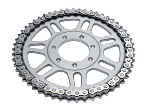 Silver motorcycle sprocket with chain isolated on transparent background