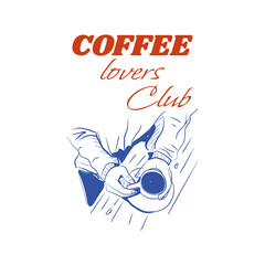 A woman at a cafe table with a cup of coffee. Minimalistic drawing for a t-shirt print. Ink sketch for a cafe menu, restaurant, or coffee shop branding. Hand-drawn vector illustration. Isolated.