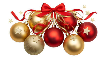 golden Christmas balls with ribbon isolated in PNG background PNG image.