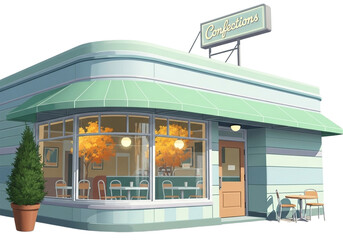 Exterior of a charming retro diner with large windows and outdoor seating isolated on transparent background