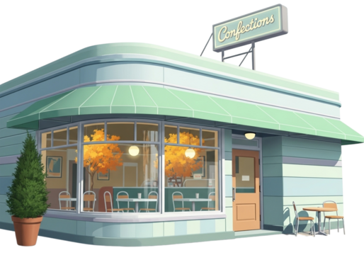 Exterior of a charming retro diner with large windows and outdoor seating isolated on transparent background