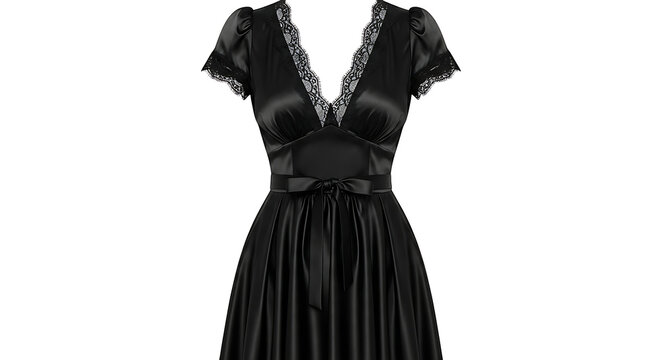 Elegant black lace trim v neck short sleeve dress with bow detail isolated on white background