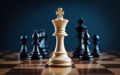 A lone white king chess piece stands against a dark army on a chessboard, symbolizing strategy, leadership, and facing competition