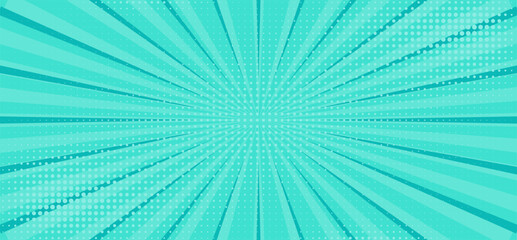 Turquoise manga comic book style background with a radial sunburst pattern and halftone dots © Anastasiia