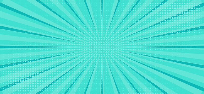 Turquoise manga comic book style background with a radial sunburst pattern and halftone dots