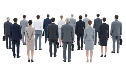 A diverse group of business people standing with their backs to the camera, isolated on transparent background
