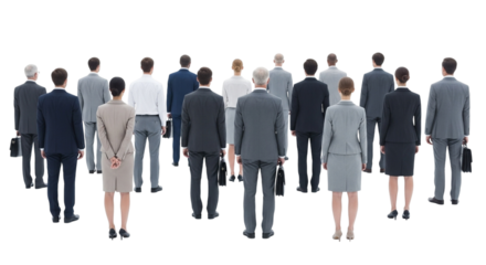 A diverse group of business people standing with their backs to the camera, isolated on transparent background
