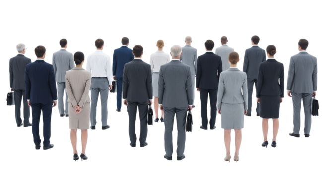 A diverse group of business people standing with their backs to the camera, isolated on transparent background