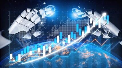 This image showcases the intersection of artificial intelligence and finance, highlighting robotic hands interacting with digital stock market data against a global backdrop. Copula