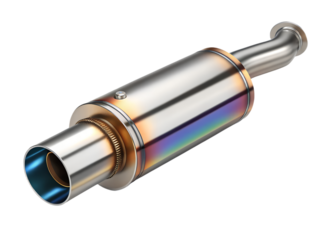 Shiny titanium exhaust pipe isolated on transparent background for car modification