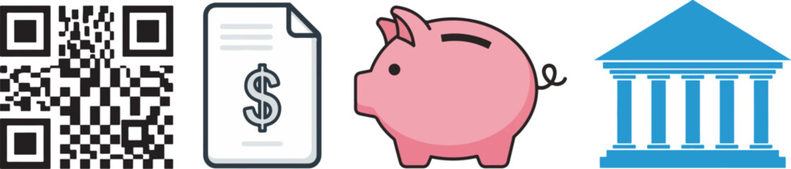 Flat Icon Set: QR Code, Document, Piggy Bank, Bank Building