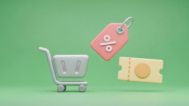 Discount Deals Shopping Cart with Price Tag and Voucher on Green Background