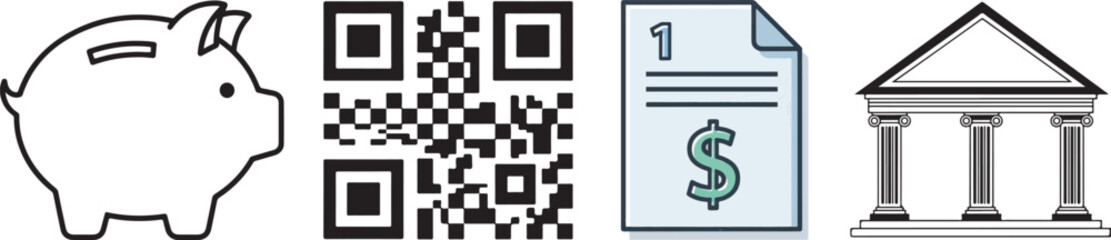 Line Art Piggy Bank, QR Codes, Paper, and Classical Building