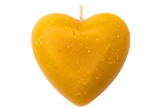 Heart-shaped yellow beeswax candle for romance isolated on a transparent background