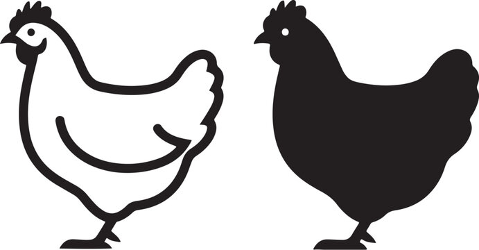 Bold black and white vector icons of a chicken or hen in both solid silhouette and outline styles, perfect for farm, poultry, and food graphic design elements