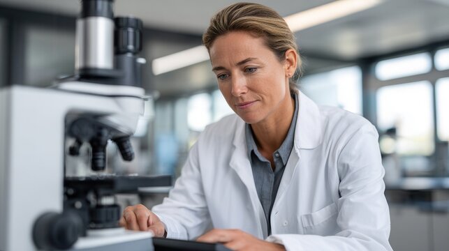 A female scientist in a lab coat examines samples using a microscope in a modern laboratory setting. The atmosphere is focused and professional.