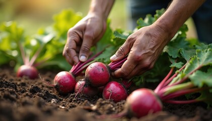 Person harvesting fresh beets from soil in garden. Hands pull ripe red beets from earth. Harvesting, farming and agriculture concept. Healthy eating and eco farming photo.