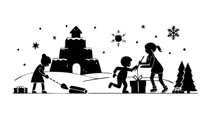 Children playing and building a snow fort during a magical snowy Christmas evening