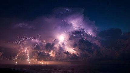 Powerful lightning storm over ocean at night with towering cumulonimbus clouds