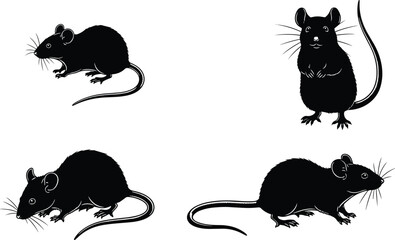 Set of black mouse or rat silhouettes with white details, standing and sitting poses, isolated vector illustration collection.