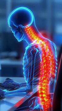 Blue skeleton with highlighted red spine pain area for medical presentations, educational materials, or articles on back pain and spinal health.