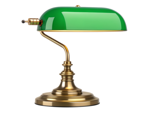 Antique bankers desk lamp with green glass shade isolated on transparent background