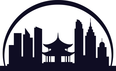 Modern Cityscape with Traditional Asian Architecture Silhouette Design Element