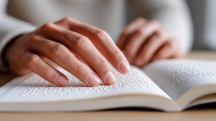 A close-up of a person's hands reading a Braille book, showcasing the tactile experience of learning and literacy for visually impaired individuals.