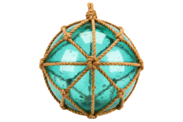 Vintage glass fishing float with knotted rope netting isolated on a transparent background