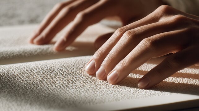 Close-up of hands gently touching Braille text on an open book, conveying a sense of learning and accessibility in a calm setting.
