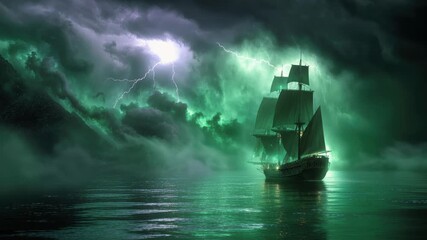 Emerald storm over dark ocean, ancient three-masted ship silhouetted by lightning, green clouds casting eerie glow, dense mist hugging water, churning waves - Powered by Adobe