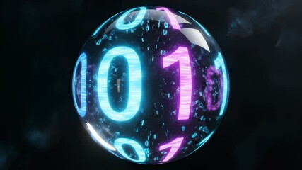Binary Digits Rotate Inside Glass Orb With Neon Light Effect