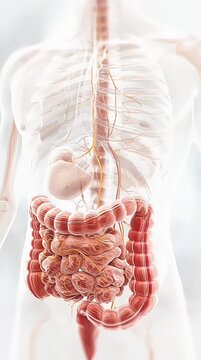 Human digestive system in transparent torso, ideal for medical and educational content about anatomy, health, digestion, medical illustrations.