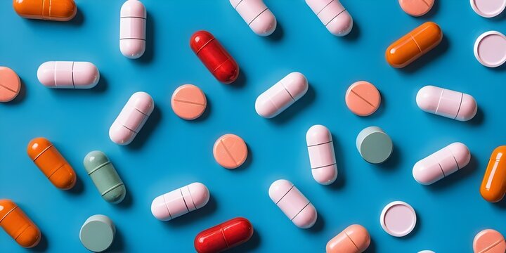 Medication treatment depicted as colorful pills and capsules viewed from the top on a blue surface.

