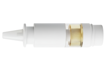 Generic medical nasal spray bottle with yellow liquid medicine isolated on a transparent background