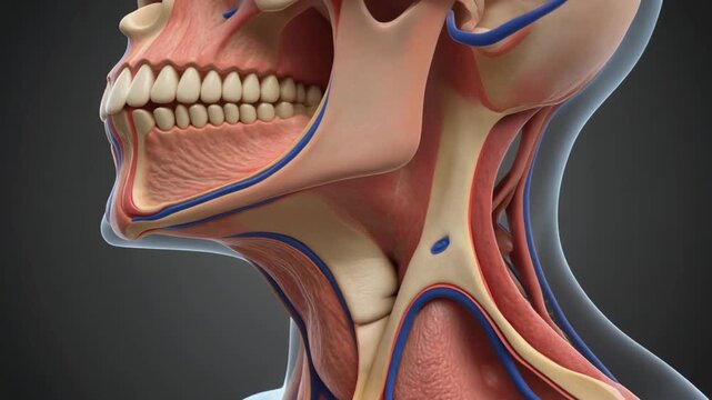 Anatomical illustration of the human head and neck, showcasing muscles, veins, and bones.