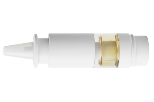 Generic medical nasal spray bottle with yellow liquid medicine isolated on a transparent background