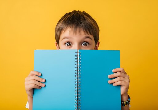 Child peeks over blue notebook, eyes wide with curiosity and wonder.
