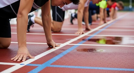 Athletes in starting blocks on a running track ready to race