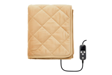 Folded beige electric heating blanket with a generic control unit isolated on a transparent background