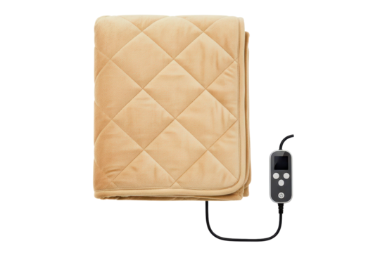 Folded beige electric heating blanket with a generic control unit isolated on a transparent background