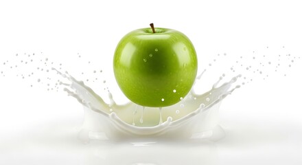 Green apple splashing into white liquid with water droplets