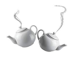 Angled Floating Teapot Duo with Curved Steam Trails, Dynamic Mid-Air Layout, Transparent PNG