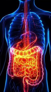 Suitable for educational resources, science textbooks, and health websites. Detailed illustration of the human digestive system anatomy.