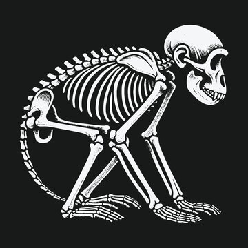 Detailed anatomical illustration of a monkey skeleton in profile.